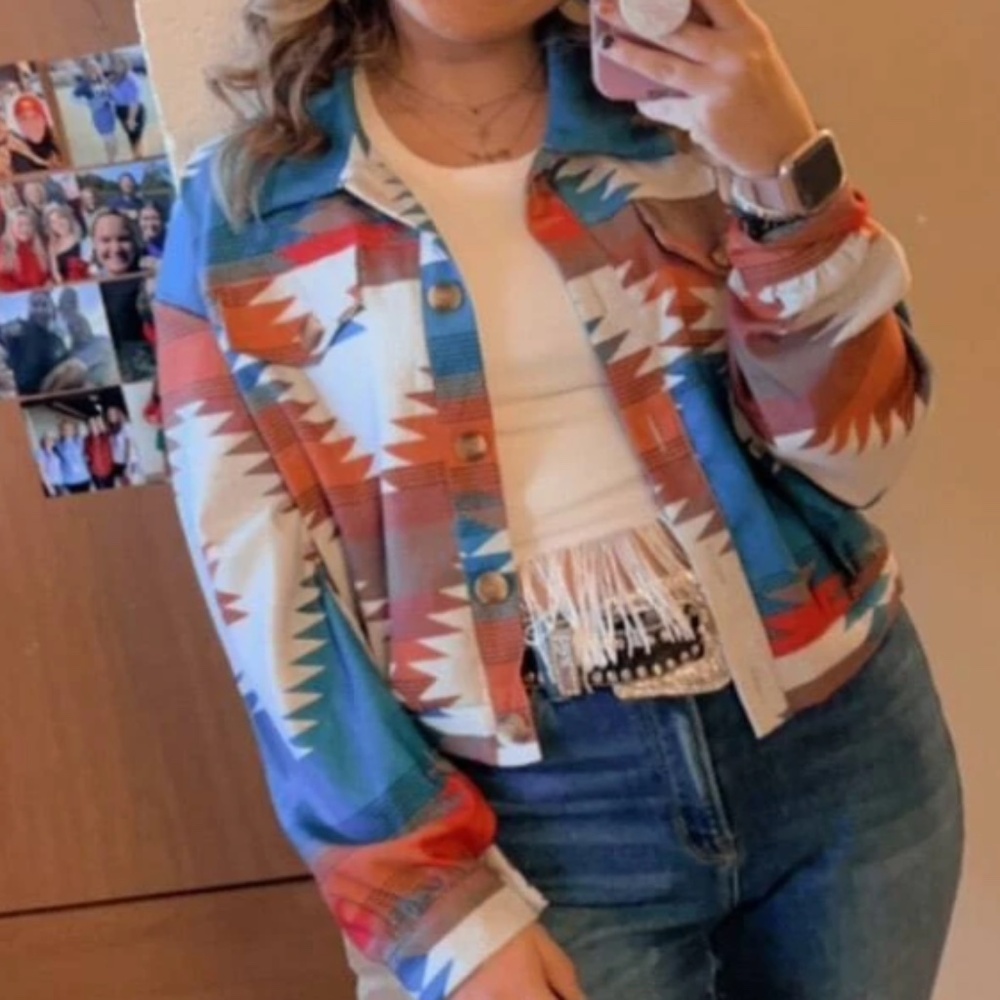 Tribal Western Print Button Down Oversized Jacket Shacket - Picture 1 of 10